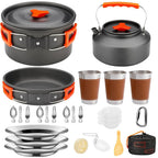 Camping Cookware Mess Kit, ---Lightweight Pot Pan Kettle Set with Cups Plates Forks Knives Spoons, 
Outdoor Cooking and Picnic