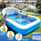 2026 Inflatable Pool with Sprinkler,
Durable Blow up Pool with Big Backrest,
 Rectangle Kids Pool Backyard,Children Swimming Pool,
