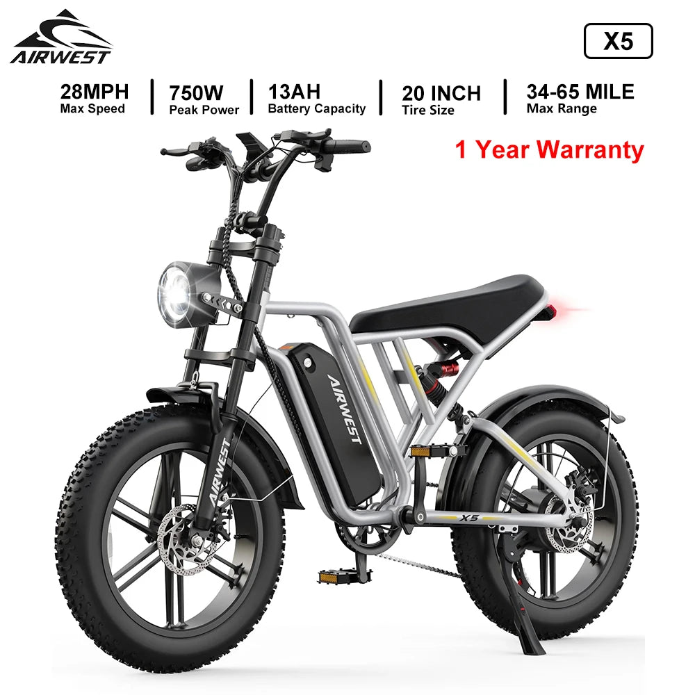 Airwest X5 Adult Electric Bike, 
750W Peak Power, 48V 13Ah Battery, 
20“*4 Fat Tire Ebike, 28MPH, UL 2849, 1 Year Warranty