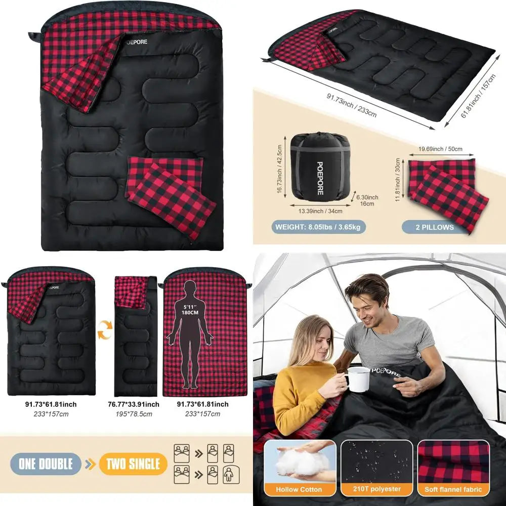 XXL Queen Size Two Person Flannel Sleeping Bag for Adults with 2 Pillows, 
Ideal for Camping and Outdoor Adventures