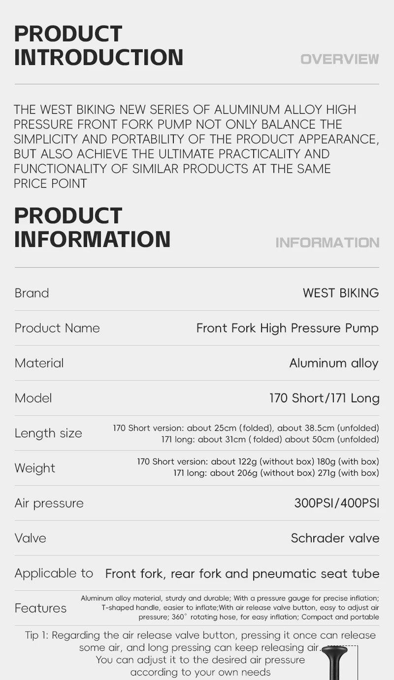 WEST BIKING 400PSI Bicycle Air Pump
 High Pressure MTB Front, Rear Suspension Pressure Gauge Schrader Valve