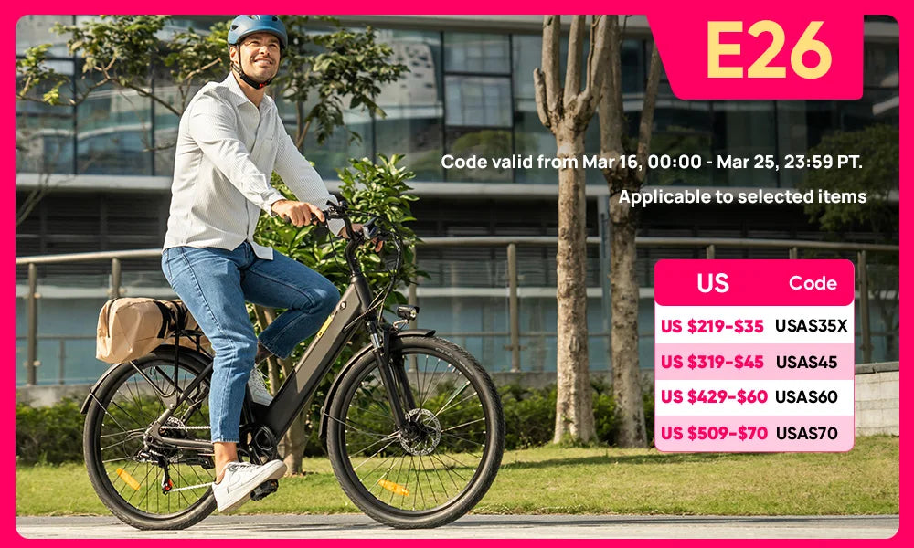 Peak 750W E26 Electric Bike for Adults | 48V 10.4Ah 
Removable Battery, Top Speed 20MPH, 26''X2" Standard Tire, 7-Speeds