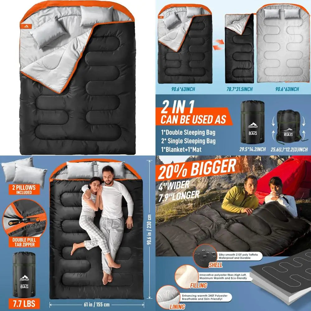 Two-Person XL Queen Size Sleeping Bag for Adults with Pillow, 
All-Season Camping Hiking Backpacking