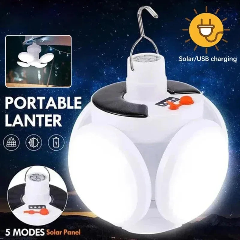Solar LED Camping Lantern . Rechargeable . Portable. 
Hanging Tent , Outdoor, Emergency Light for Travel ,Hiking ,Power Outages Use