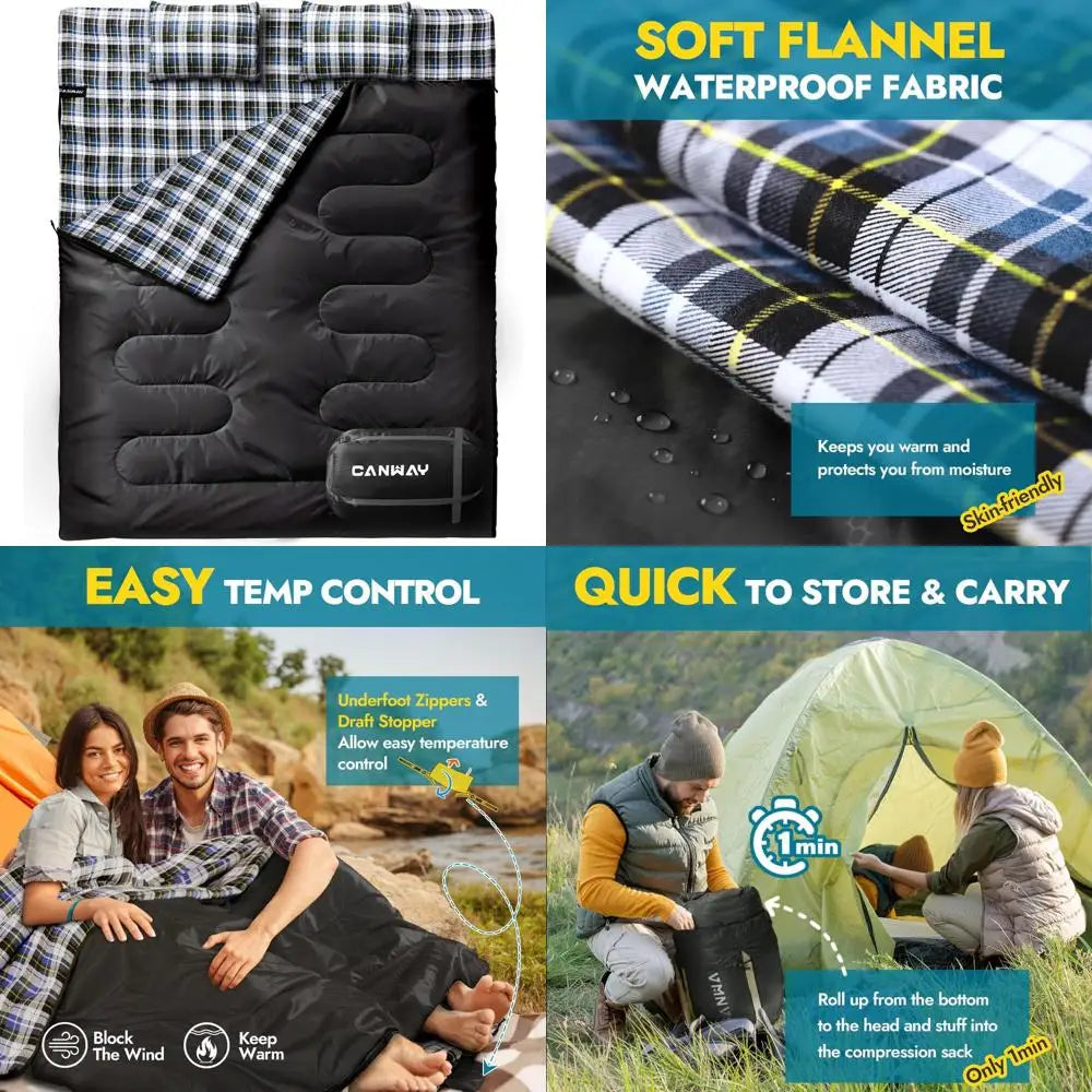 Queen Size Flannel Sleeping Bag for Adults, 
Ideal for Cold Weather Camping, Two Person, Includes 2 Pillows