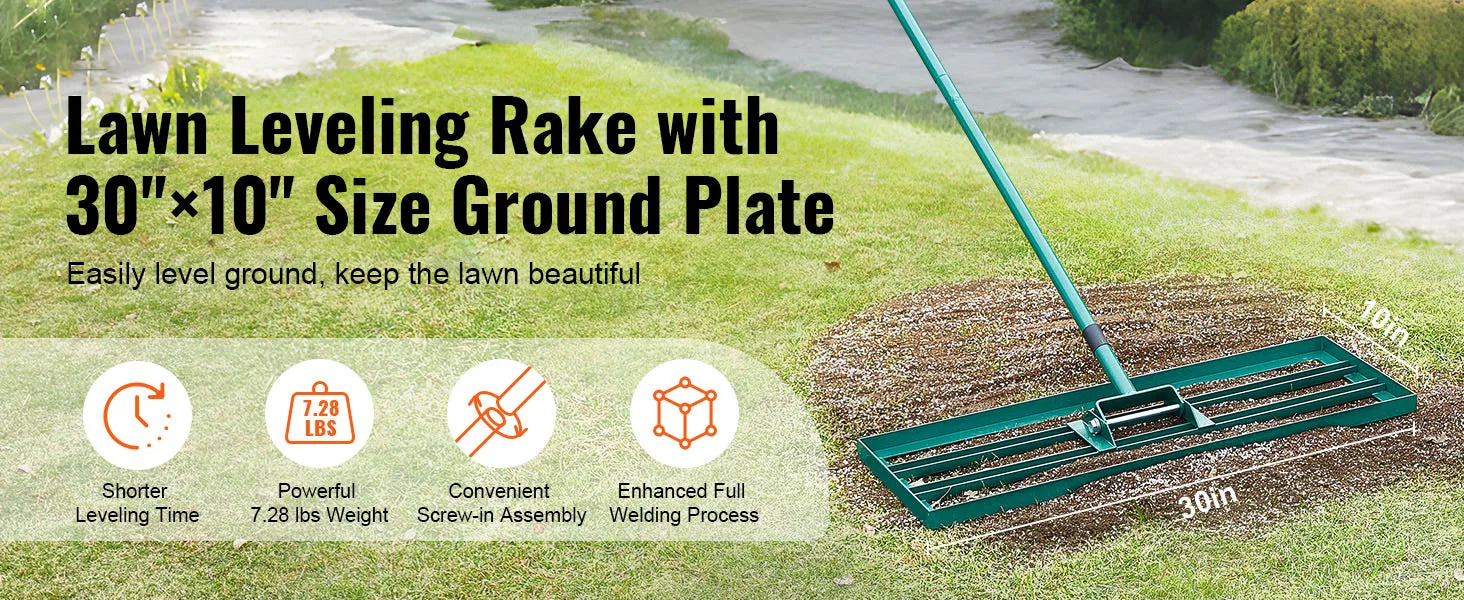 SucceBuy Lawn Leveling Rake 36inchx10inch 
Heavy-duty Lawn Leveler With 78inch Steel Extended Handle 
For Garden Golf Lawn Farm