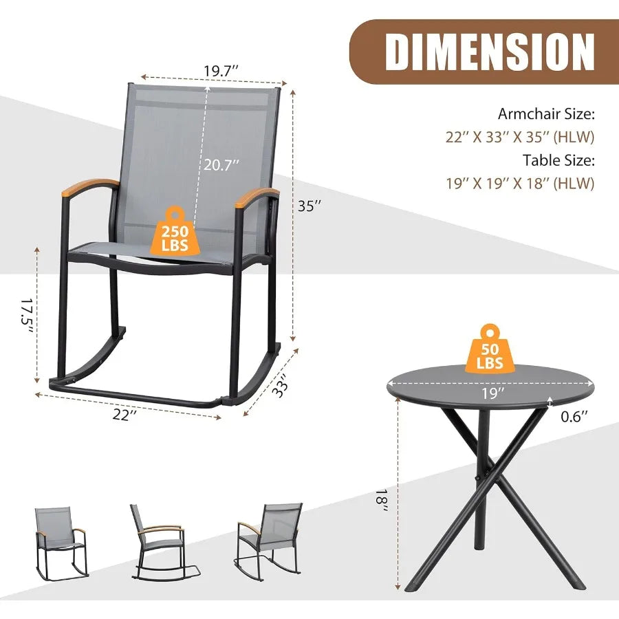 3 Piece Outdoor Rocking Bistro Set . 
Textilene Fabric , Small  table 
Patio Furniture Set , for Front Porch