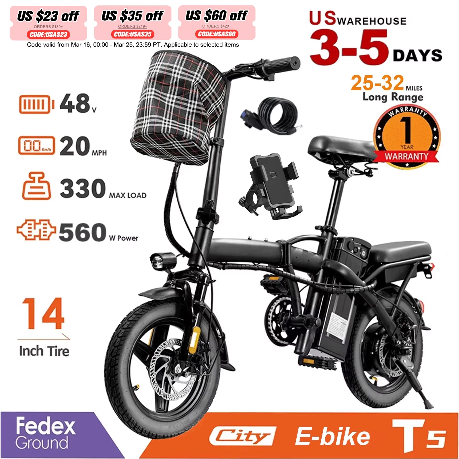 Adult Electric Bike, 20 MPH,    560W Motor,48V Removable Battery,
14inch Folding Maximum 32 Miles,1Year Warranty Ebike
