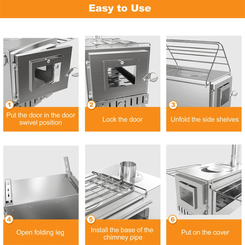 Hot Tent Stove,  , Portable Wood Stove with 6 Stainless Chimney Pipes for Outdoor Heating & Cooking