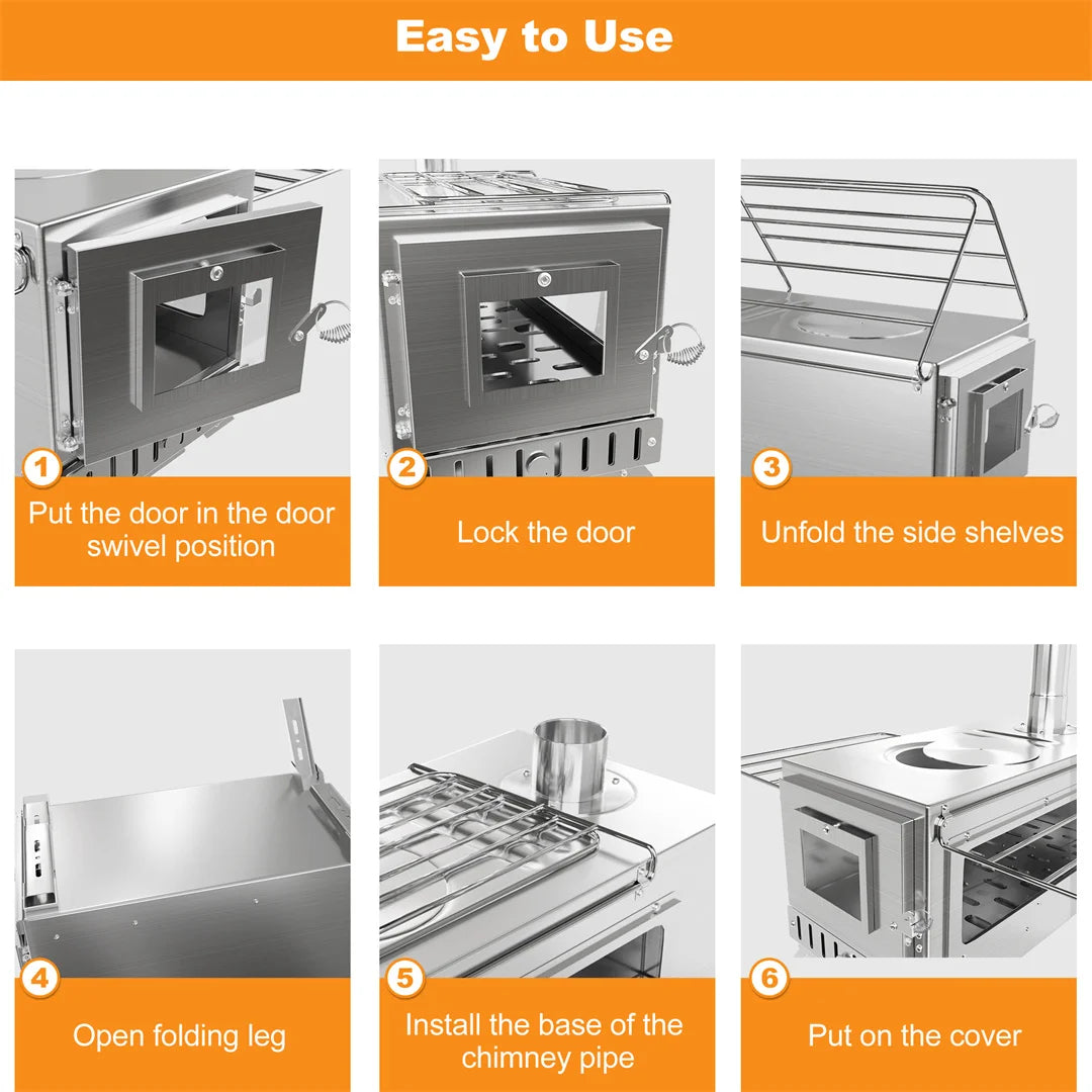Hot Tent Stove,  , Portable Wood Stove with 6 Stainless Chimney Pipes for Outdoor Heating & Cooking