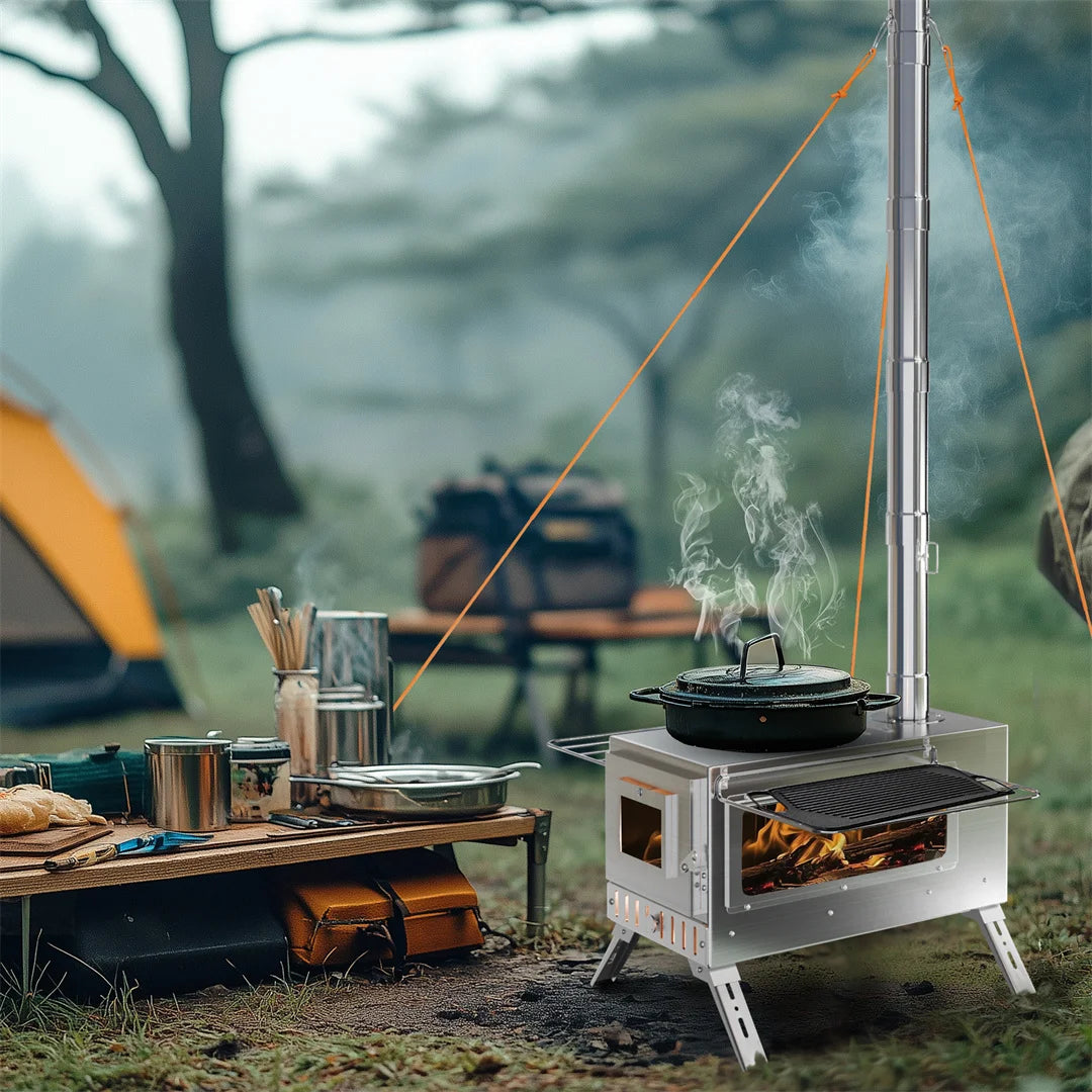 Hot Tent Stove,  , Portable Wood Stove with 6 Stainless Chimney Pipes for Outdoor Heating & Cooking