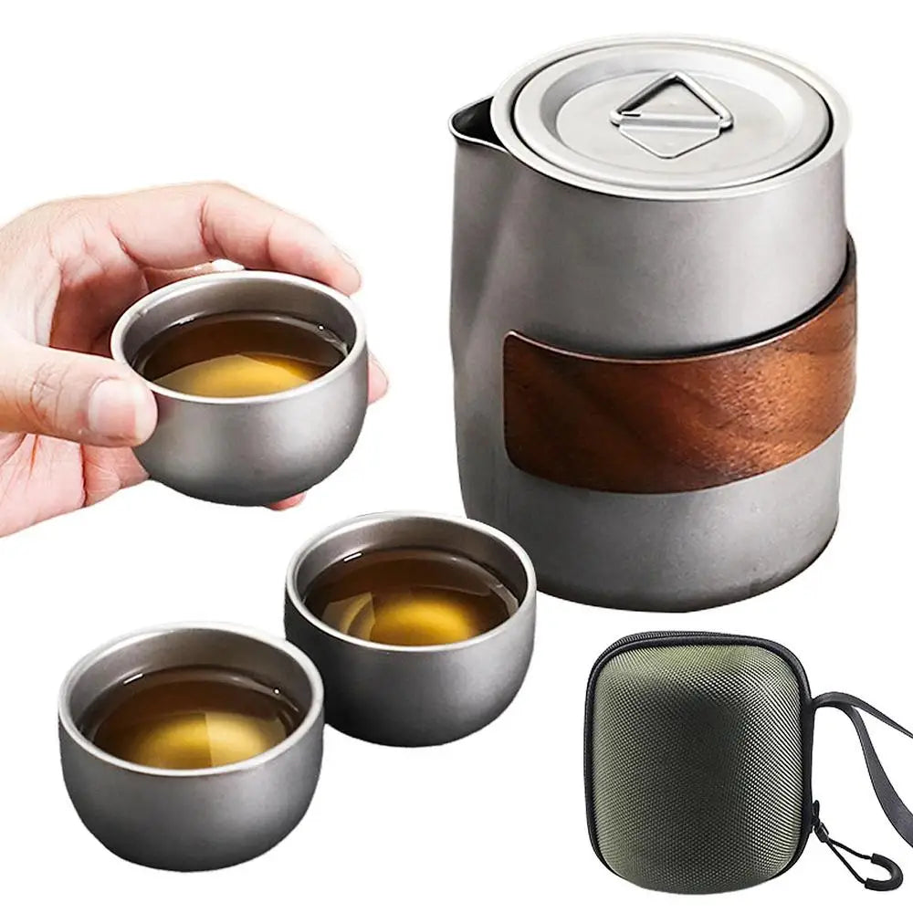 Camping Tableware Set 
Lightweight Titanium Coffee Pot Tea Kettle
 Outdoor Camping Kettle Set 3 Cups Tea Set For Hiking Picnic