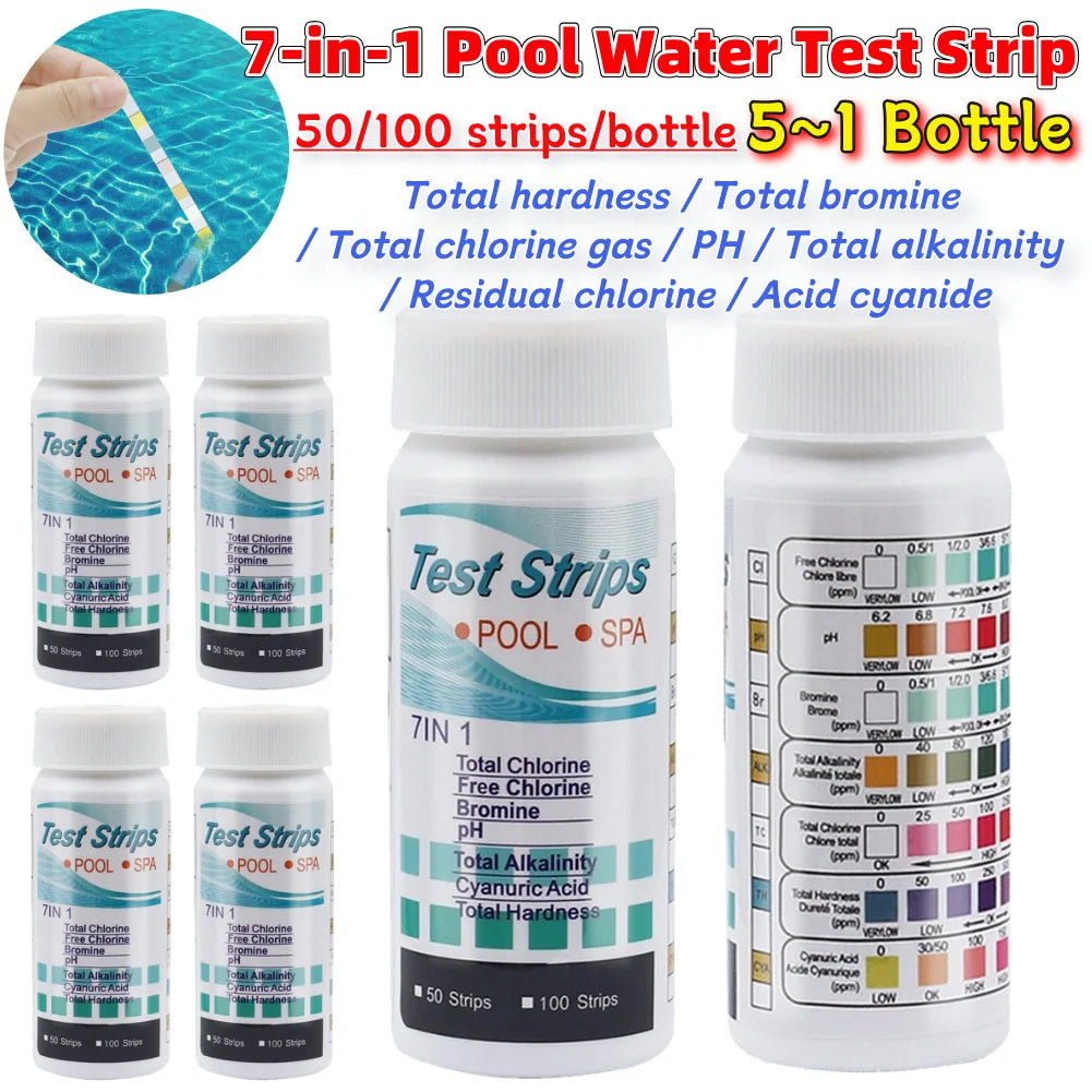 5-1 Bottle Water Test PH Strips 50/100 Pcs/bottle 7-in-1 Residual Chlorine Value Alkalinity Hardness Tester for Aquarium Pool