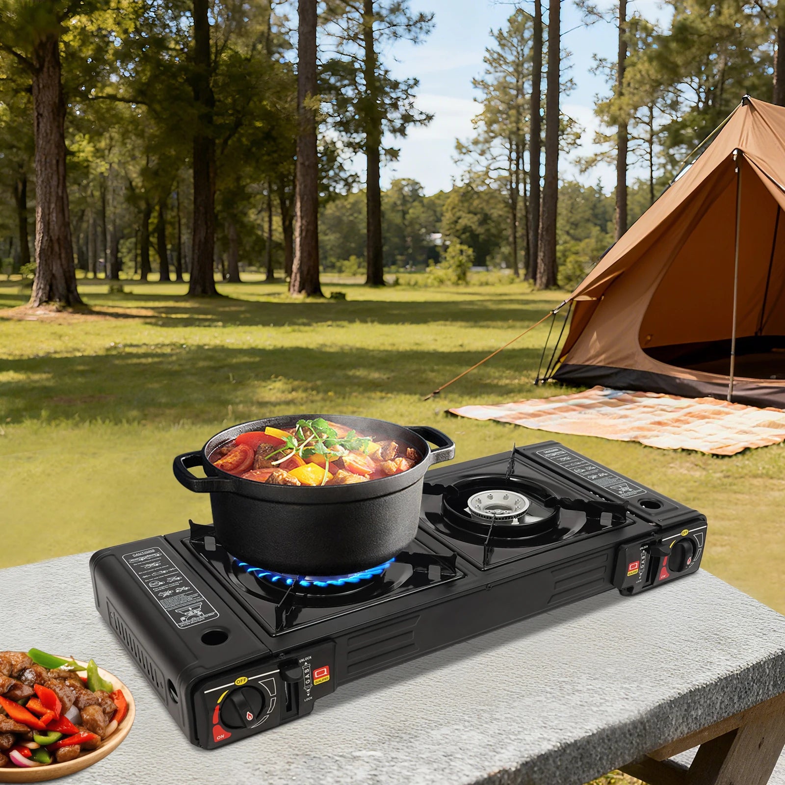 2 Burners-- Portable Camping Stove,     2.5KW Auto Ignition
Butane/LPG Gas  w/Baking Tray+Carrying Case for RV Outdoor Picnic BBQ