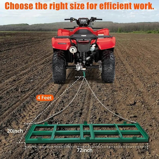 Land Leveler 48" Width, Heavy Duty Drag Harrow for ATV, UTV, Tractor - Lawn Rake, 
Versatile Applications, Enhanced Depth