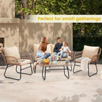 4 Piece Patio Bistro Outdoor Furniture Set,   
Wicker Sofa,  2 Rattan Chairs, and Table, Backyard Conversation Set, All Weather