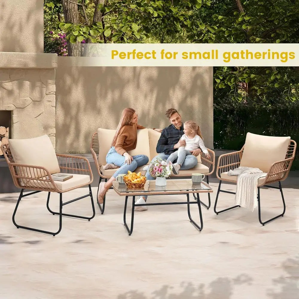 4 Piece Patio Bistro Outdoor Furniture Set,   
Wicker Sofa,  2 Rattan Chairs, and Table, Backyard Conversation Set, All Weather