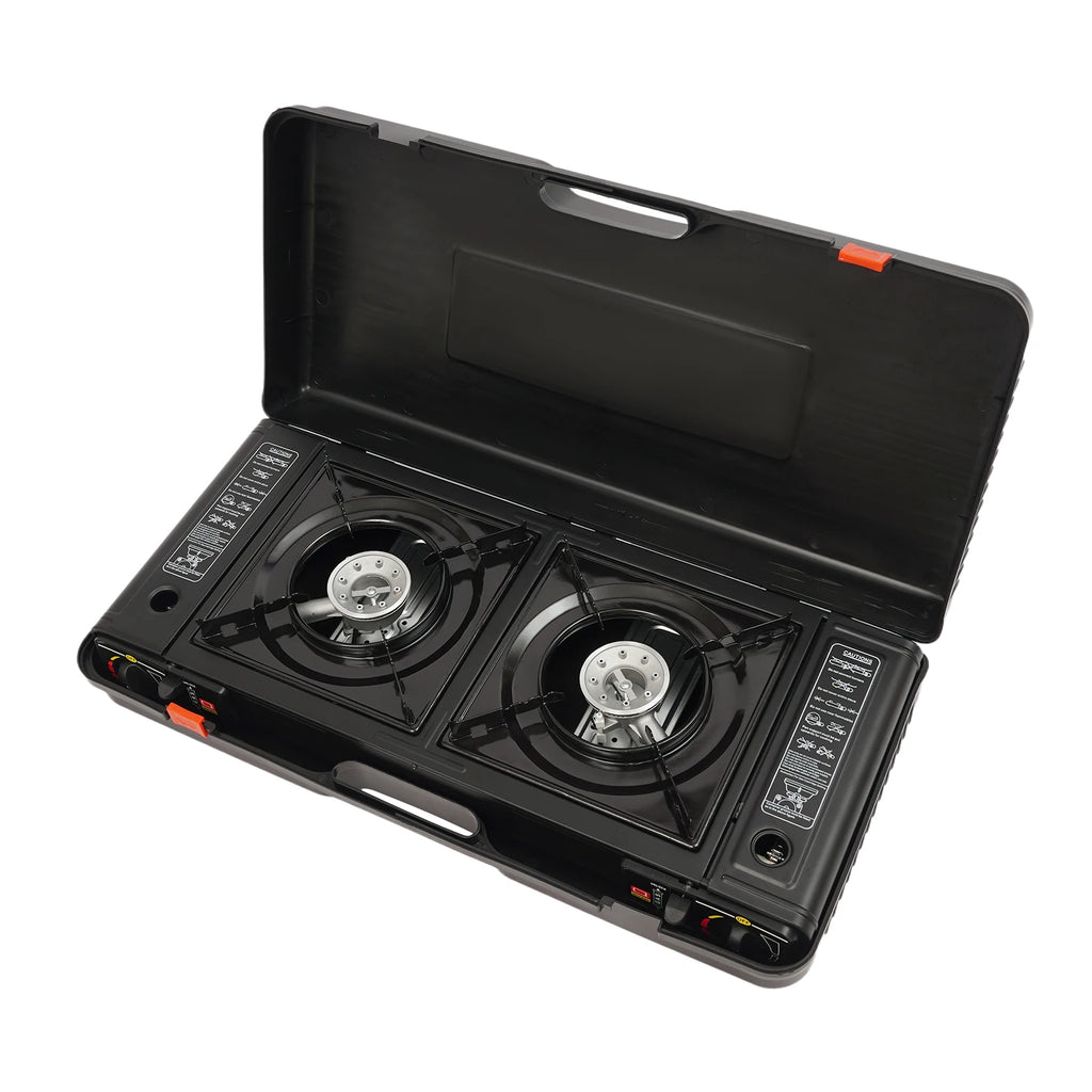 2 Burners-- Portable Camping Stove,     2.5KW Auto Ignition
Butane/LPG Gas  w/Baking Tray+Carrying Case for RV Outdoor Picnic BBQ