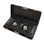 2 Burners-- Portable Camping Stove,     2.5KW Auto Ignition
Butane/LPG Gas  w/Baking Tray+Carrying Case for RV Outdoor Picnic BBQ