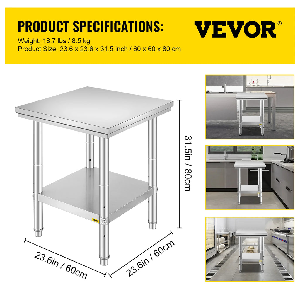 VEVOR Kitchen Work Bench.
Commercial Catering Table with Undershelf Stainless Steel 330LBS 286LBS for Restaurant Garage