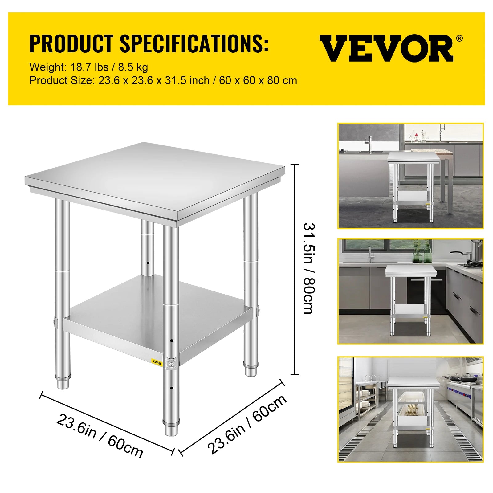 VEVOR Kitchen Work Bench.
Commercial Catering Table with Undershelf Stainless Steel 330LBS 286LBS for Restaurant Garage