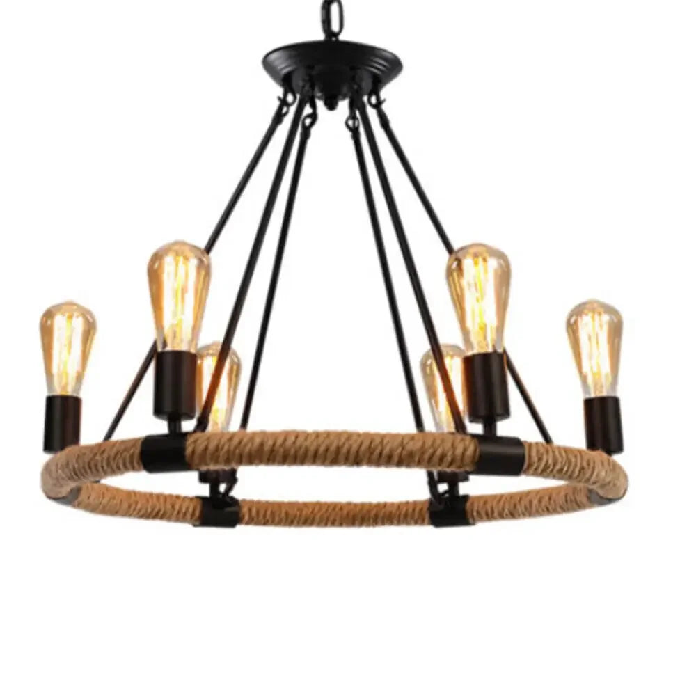 Rustic Industrial Hemp Rope Chandelier – Round Pendant Ceiling Light for Farmhouse Style
