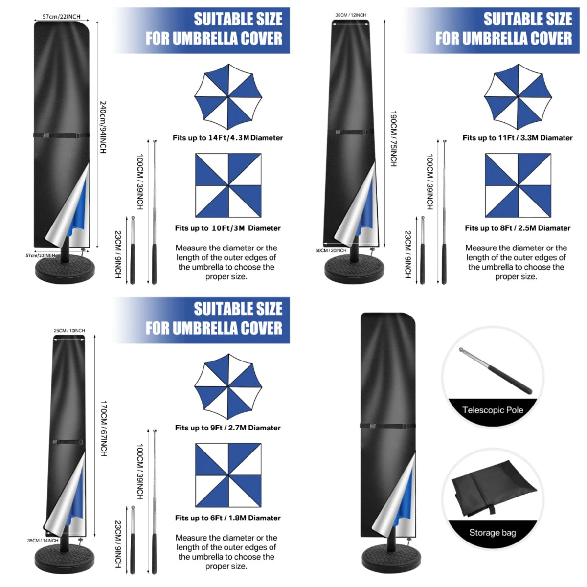 Parasol Cover Waterproof 210D Garden Umbrella Cover with Zip Fit for Outdoor Garden Parasol Multipurpose Rain Umbrella Covers