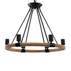 Rustic Industrial Hemp Rope Chandelier – Round Pendant Ceiling Light for Farmhouse Style