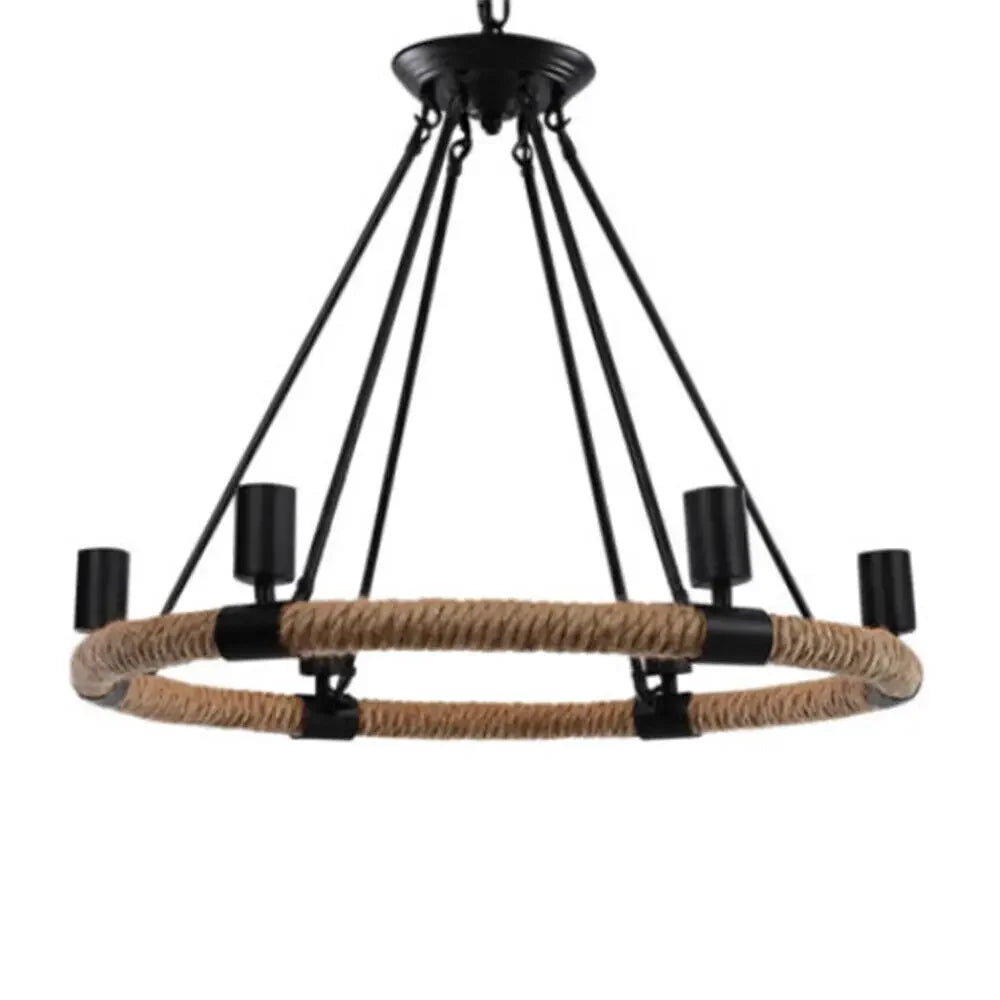 Rustic Industrial Hemp Rope Chandelier – Round Pendant Ceiling Light for Farmhouse Style
