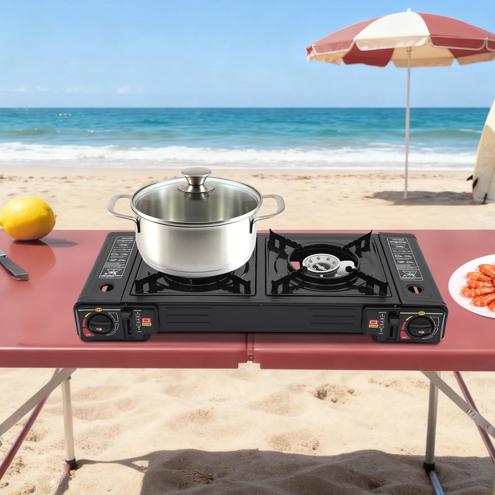 2 Burners-- Portable Camping Stove,     2.5KW Auto Ignition
Butane/LPG Gas  w/Baking Tray+Carrying Case for RV Outdoor Picnic BBQ