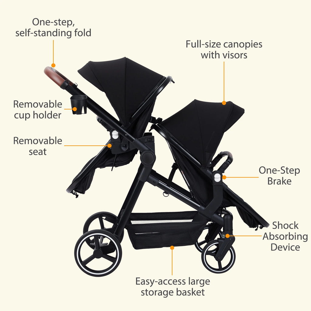 Double Stroller Track 
Tandem Stroller for Infant and Toddler,
 Foldable Pushchair Bassinet Pram, Multi-Position Reversible