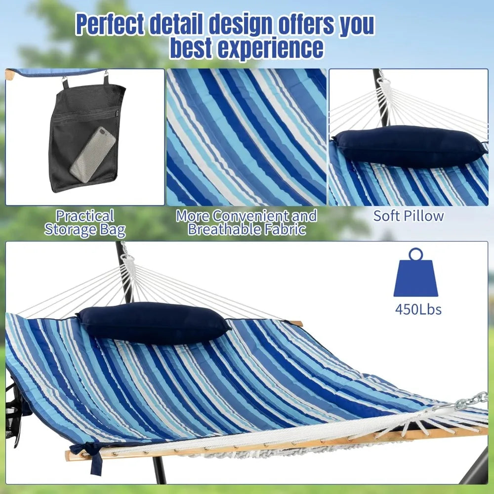 Tangkula Double Hammock with Stand, 
2 Person 12Ft Steel  with Cotton Hammock,
Pillow, Cup Holder, Carry Bag, Indoor