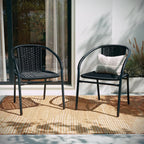 Set of 4 Stackable Rattan Chairs .
  Indoor / Outdoor Patio Curved Back, 
 Cross Bracing Black,