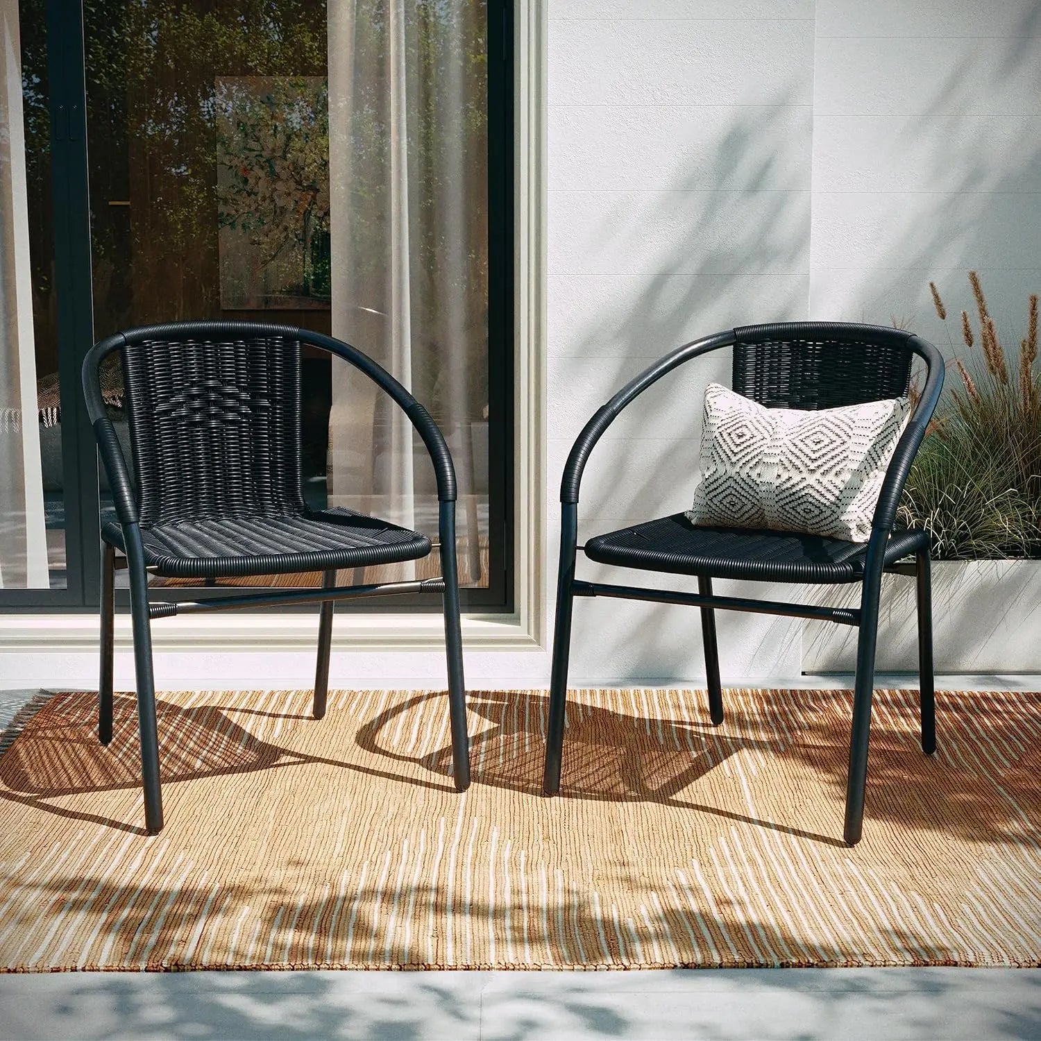 Set of 4 Stackable Rattan Chairs .
  Indoor / Outdoor Patio Curved Back, 
 Cross Bracing Black,