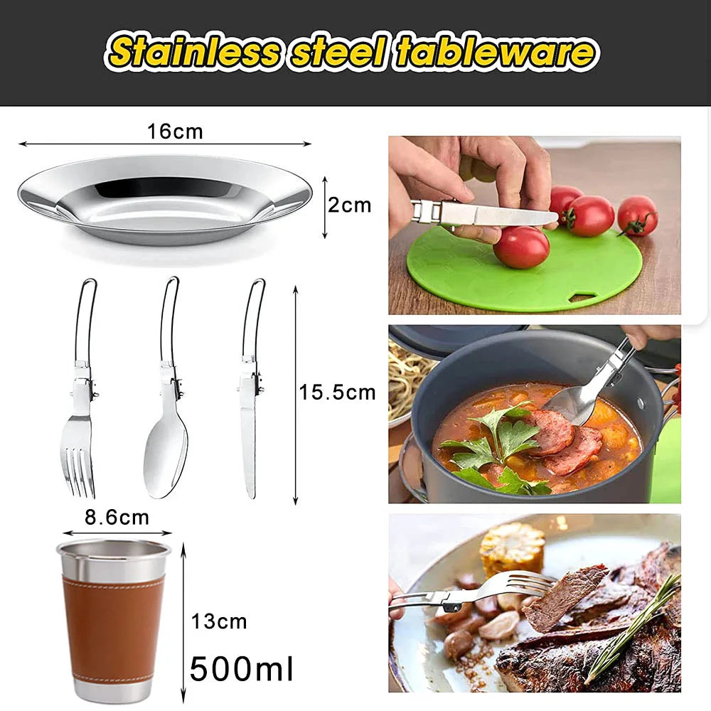 Camping Cookware Mess Kit, ---Lightweight Pot Pan Kettle Set with Cups Plates Forks Knives Spoons, 
Outdoor Cooking and Picnic