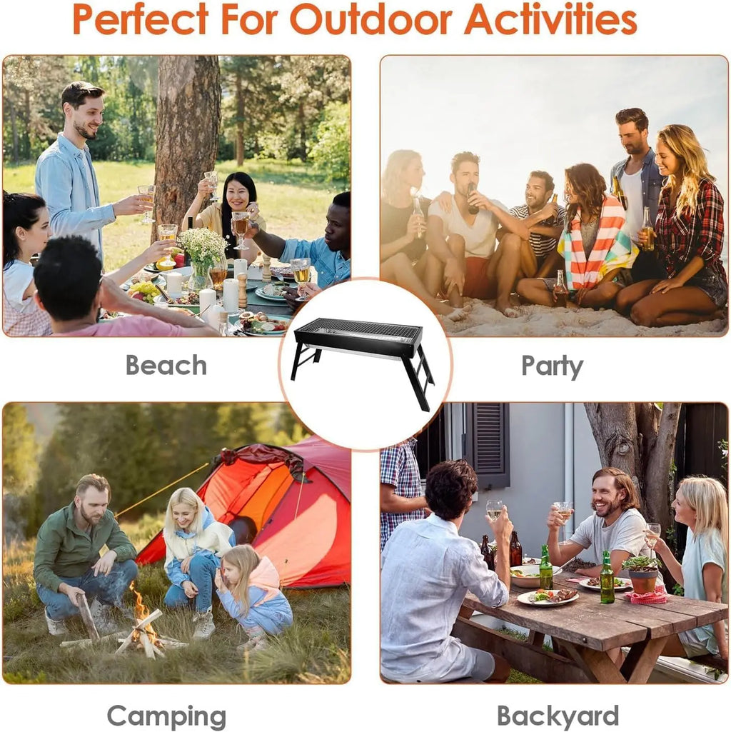 Portable Charcoal Grill 24"x13"x9", 
Lightweight Folding BBQ for Camping, Hiking, Picnics & Travel