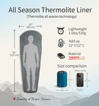 Thermolite Sleeping Bag Liner Adds 22°F Warmth, Mummy Sack for Camping & Travel in Cold Weather