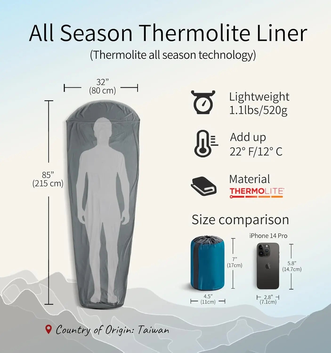Thermolite Sleeping Bag Liner Adds 22°F Warmth, Mummy Sack for Camping & Travel in Cold Weather