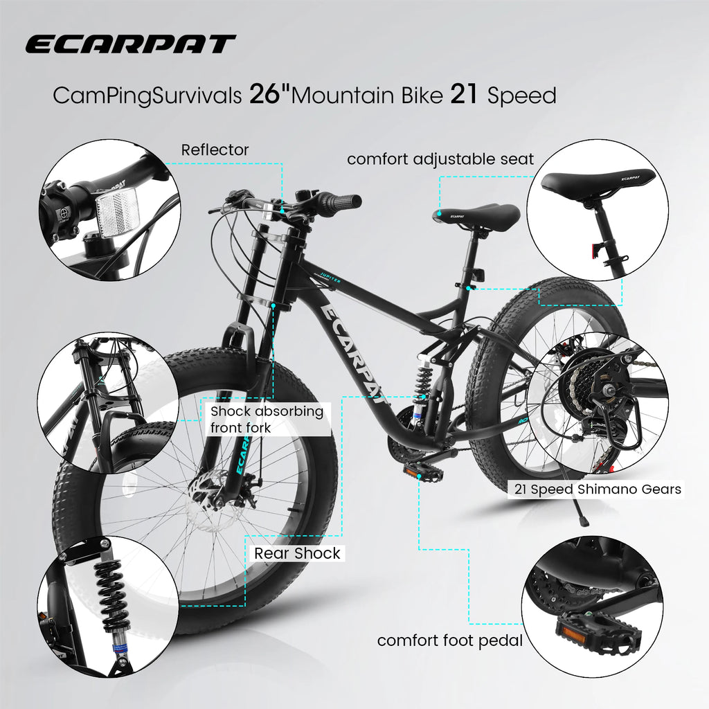 26 inch Mountain Bike, Full-Suspension 21 Speeds Drivetrain with Disc-Brake MTB Bicycle, 4" Fat tire Bike for Men or Women.