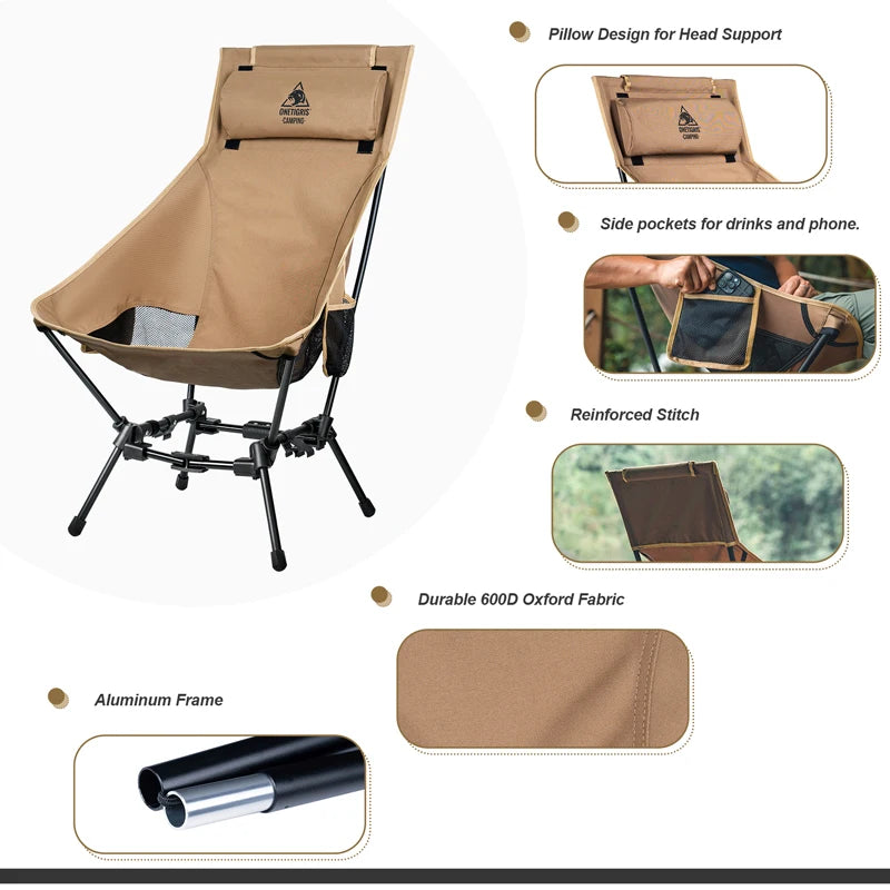 OneTigris Portable Camping Chair. 
Outdoor ,High Back, For Fishing , BBQ,  Parties Indoor Use