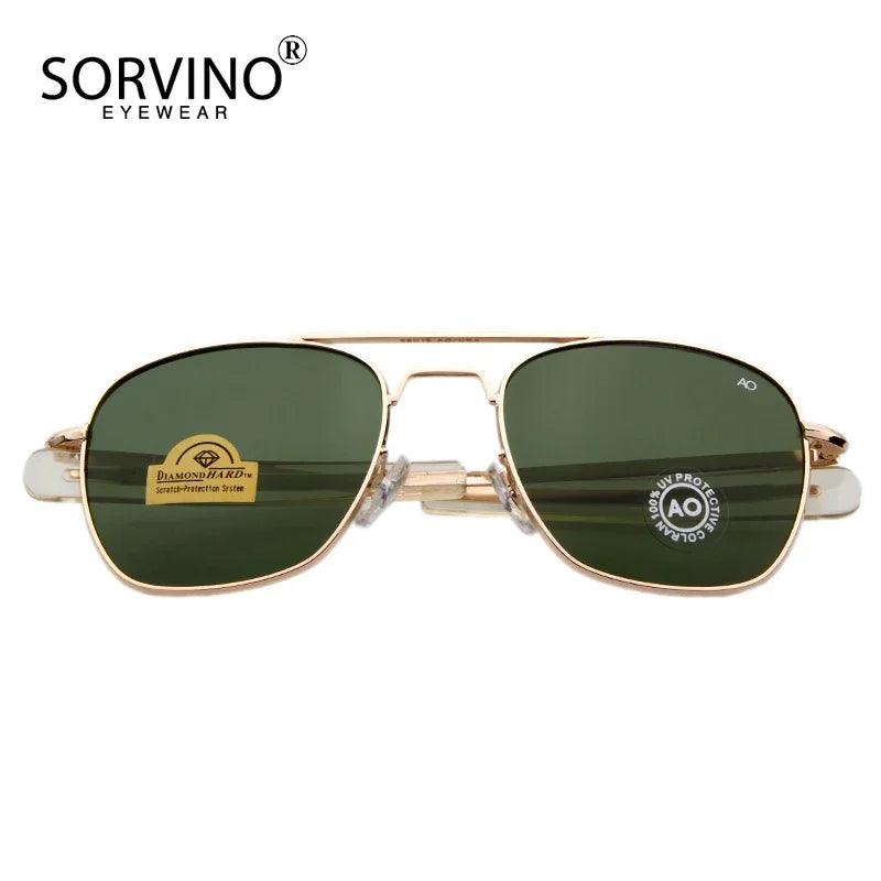 Retro Green AO Pilot Sunglasses 
Luxury Brand Designer Male,   American Army Military Optical Glass Lens Shades Eyewear
