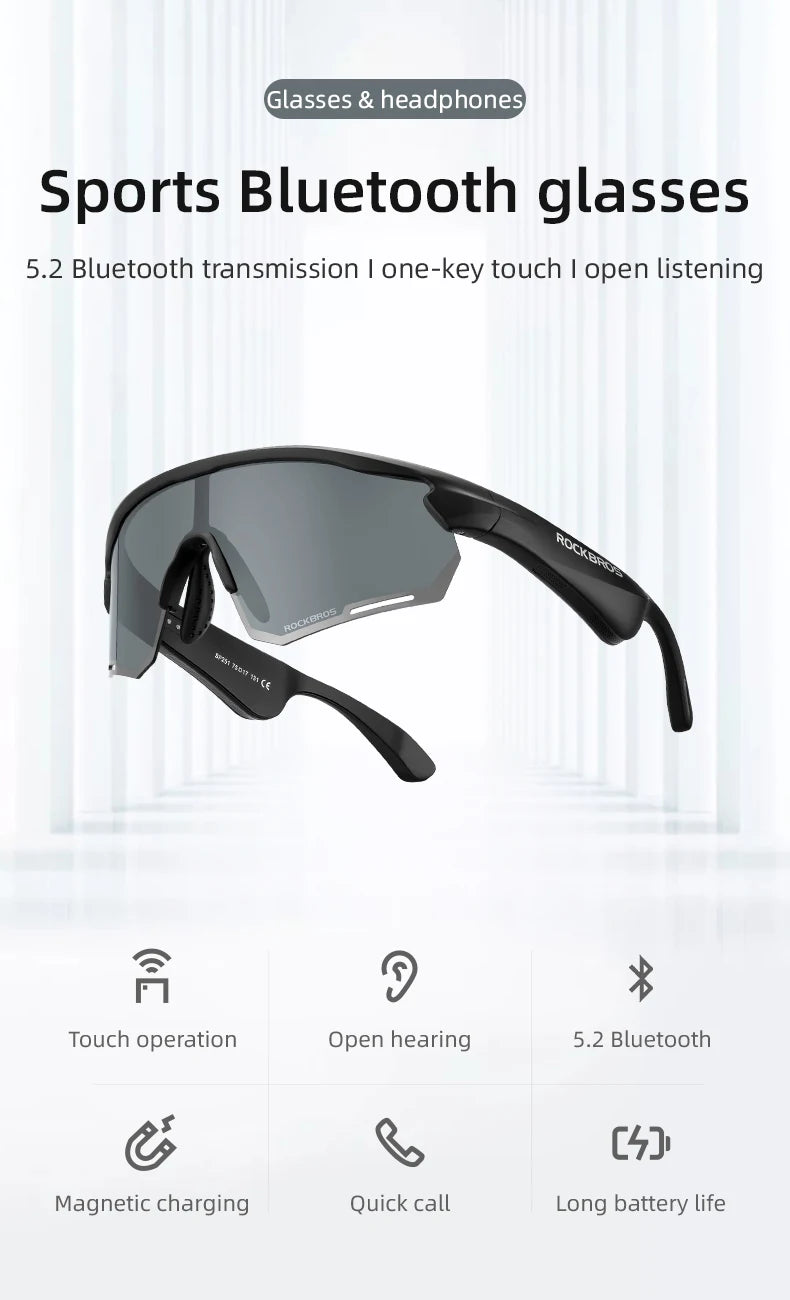 ROCKBROS Cycling Glasses Wireless Bluetooth 5.2 Polarized Sunglasses Headset Telephone Driving MP3 Riding Eyewear UV400 Goggles