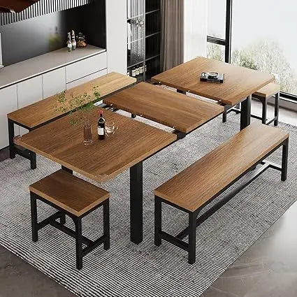 5-Piece Dining / kitchen Table Set for 4-8 People, 
Extendable  with 2 Benches and 2 Square Stools, Mid-Century