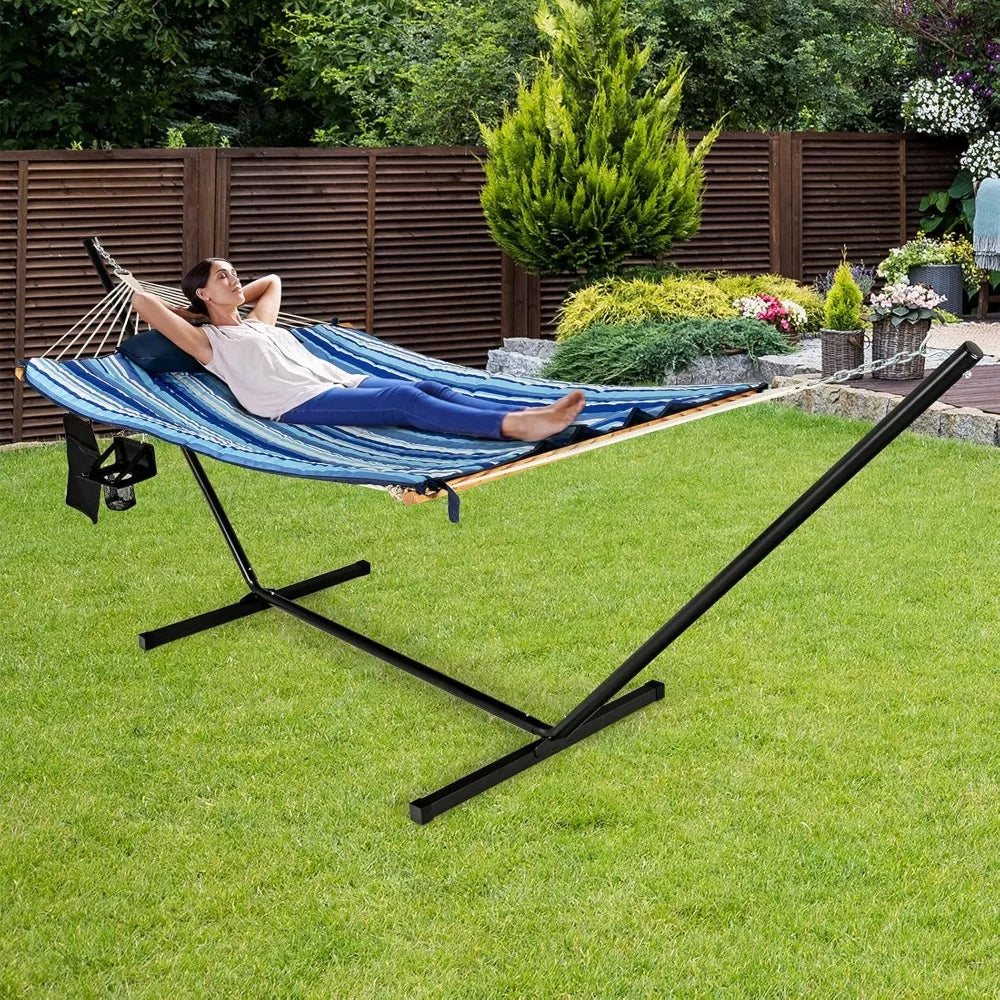 Tangkula Double Hammock with Stand, 
2 Person 12Ft Steel  with Cotton Hammock,
Pillow, Cup Holder, Carry Bag, Indoor