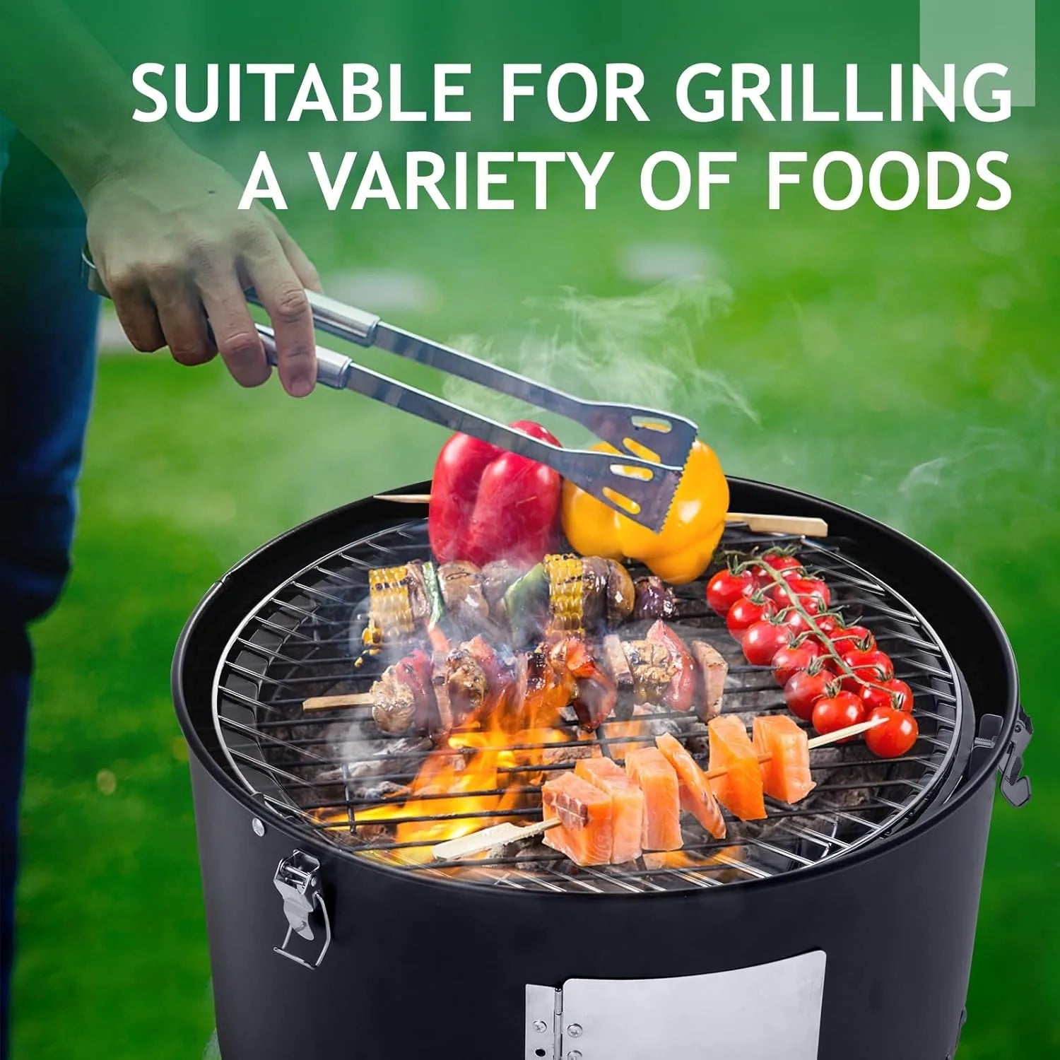 Vertical 18.5 Inch Steel Charcoal Smoker, 
Heavy Duty 3-in-1 Portable Outdoor Grill Cooker with Built-in Thermometer