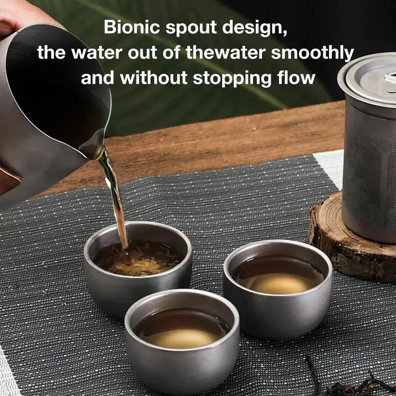 Camping Tableware Set 
Lightweight Titanium Coffee Pot Tea Kettle
 Outdoor Camping Kettle Set 3 Cups Tea Set For Hiking Picnic