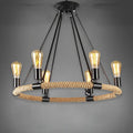 Rustic Industrial Hemp Rope Chandelier – Round Pendant Ceiling Light for Farmhouse Style