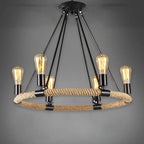 Rustic Industrial Hemp Rope Chandelier – Round Pendant Ceiling Light for Farmhouse Style