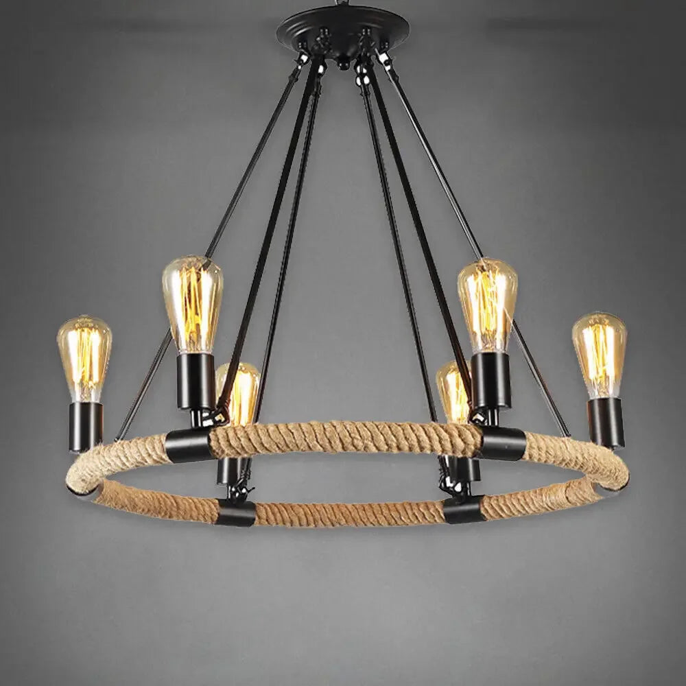 Rustic Industrial Hemp Rope Chandelier – Round Pendant Ceiling Light for Farmhouse Style