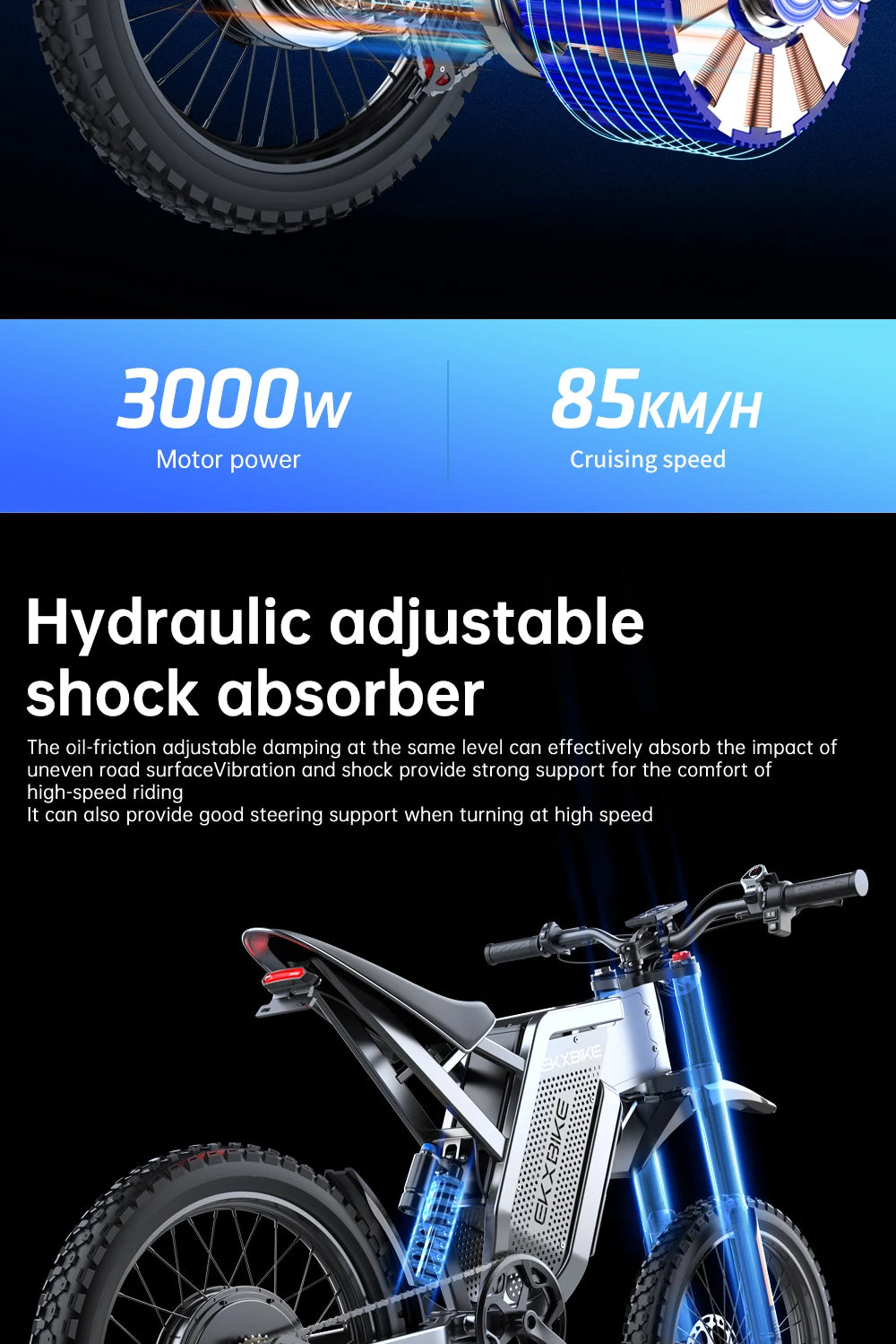 EKX X21 Max Electric cycle
3000W Brushless Gearless Motors
 60V30AH Lithium Battery Speed 85Kmh Adult Off Road Ebike